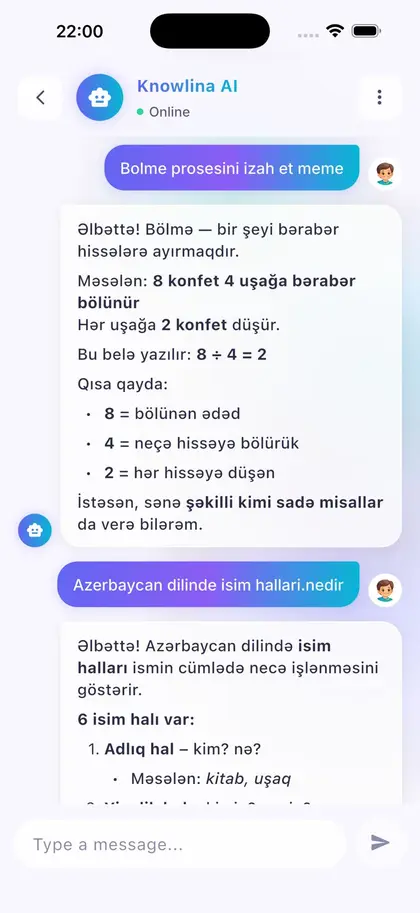 Knowlina AI assistant explains a topic in Azerbaijani